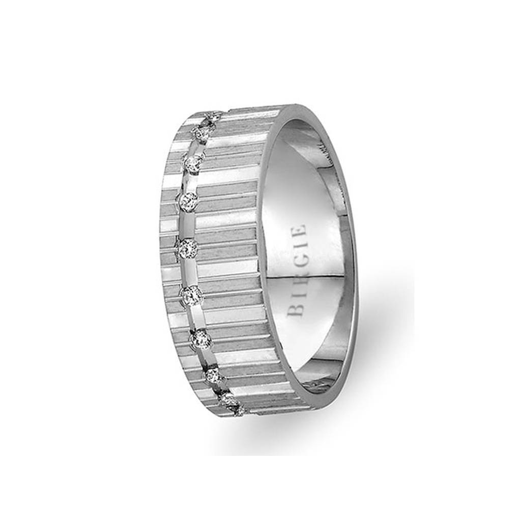 Grooved White Gold East Wedding Band w/ Twin Line Diamonds