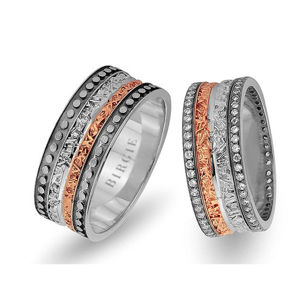 White and Rose Gold Assyrian Wedding Band w/ Twin Line Diamonds