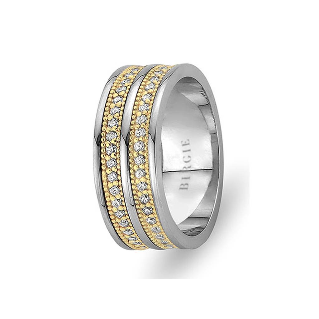 White and Yellow Gold Wedding Band w/ Twin Line Diamonds