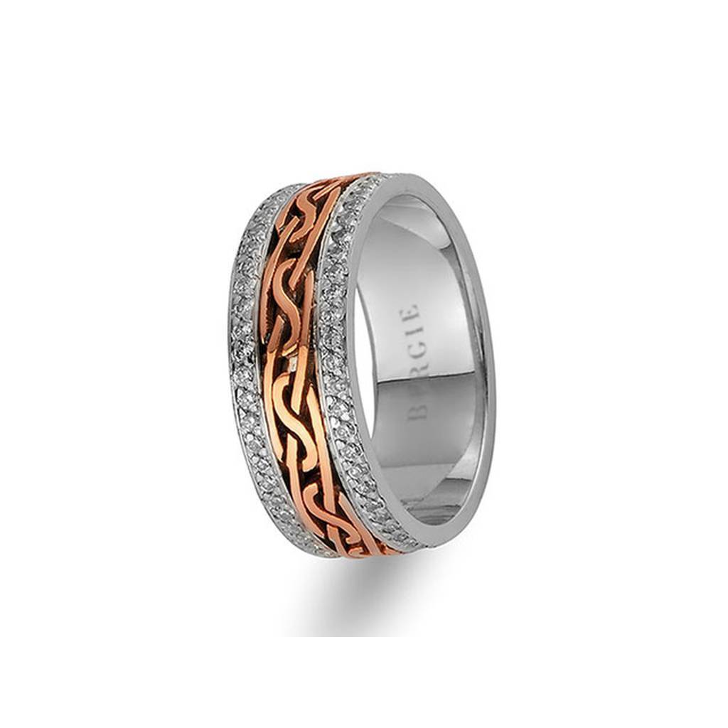 White and Rose Gold Entangled Design Wedding Band w/ Twin Line Diamonds